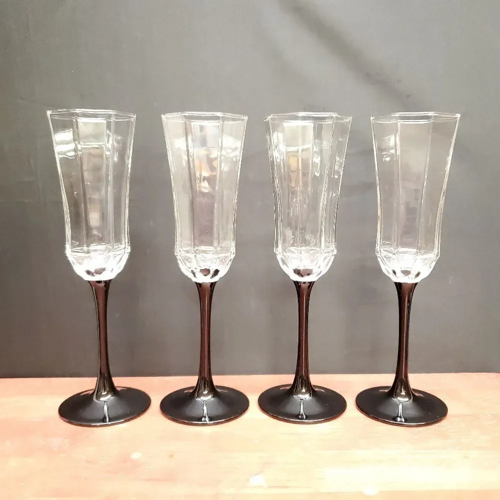 VTG France Luminarc Octime Black Stem Champagne Flutes Glasses Set of 4